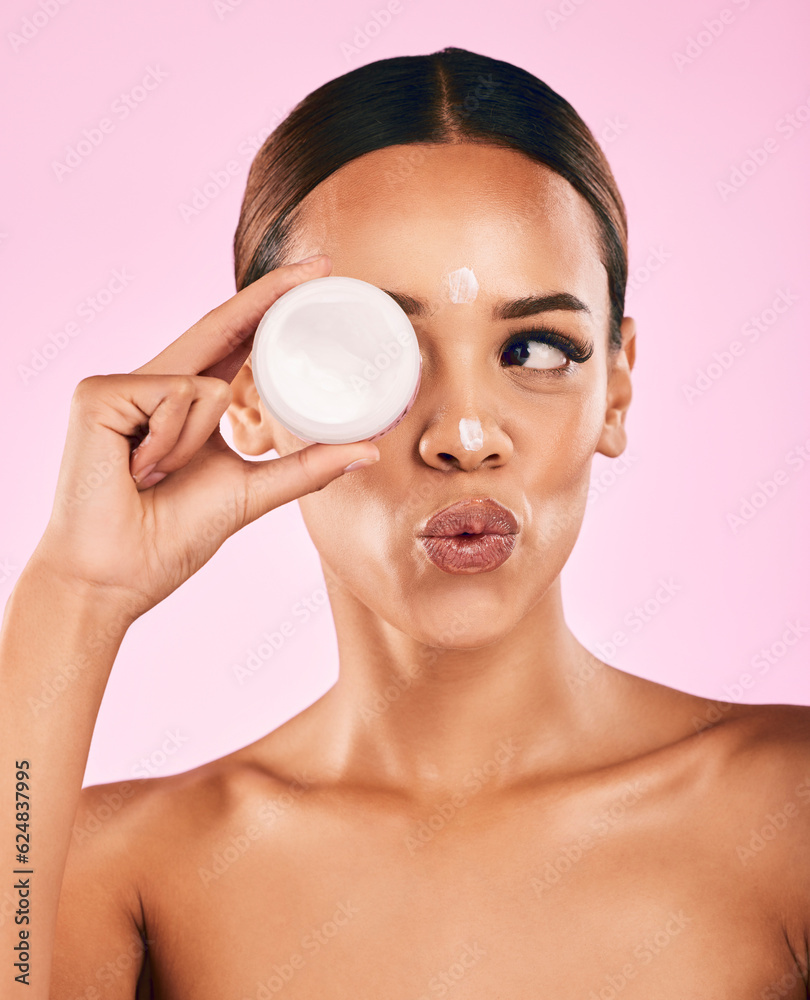 Beauty, cream and portrait of woman with skincare and cosmetics for facial care, dermatology or trea