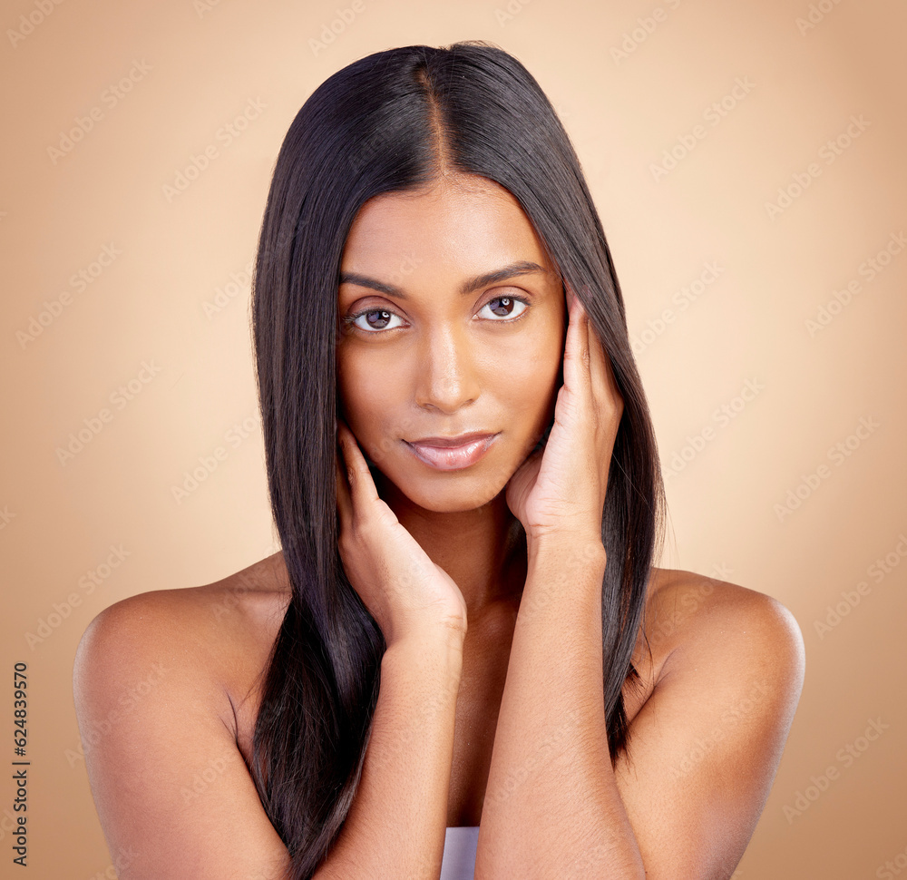 Portrait, hair care and Indian woman with beauty, makeup and dermatology on a brown studio backgroun