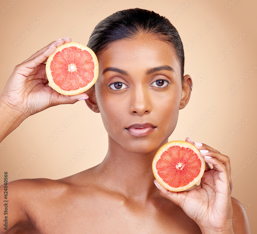 Grapefruit, portrait and skincare of woman in studio for vitamin c wellness, vegan cosmetics and der