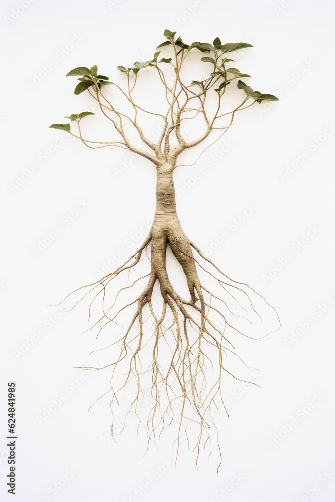 Ginseng root with roots on white background