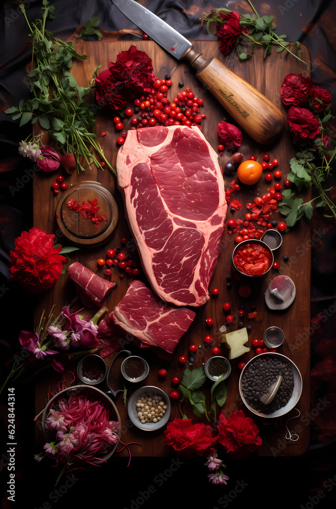 Raw pork steak on a stone board with tomato sauce