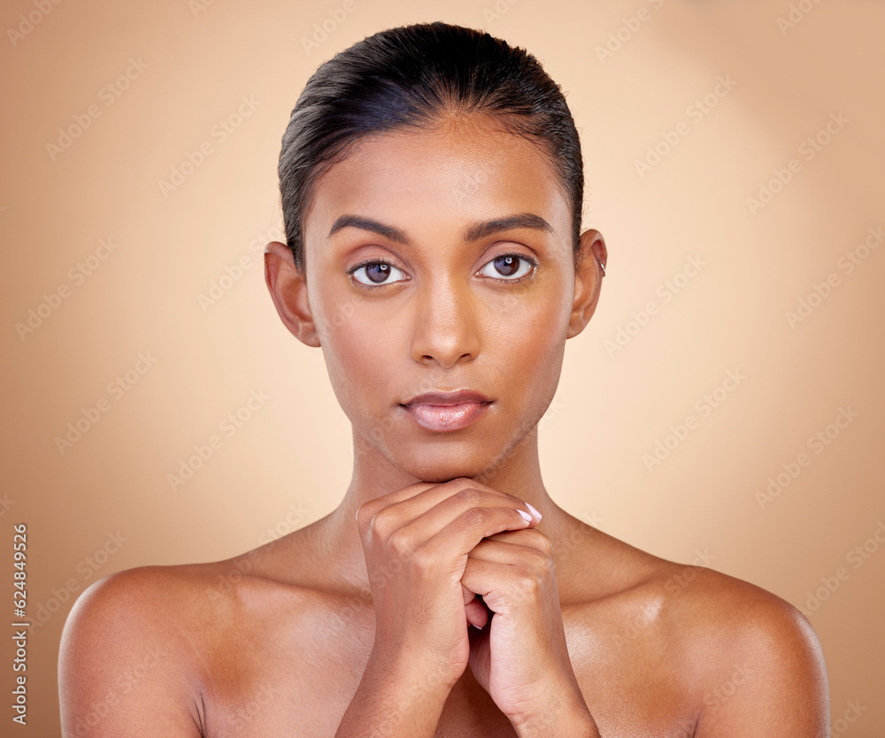 Portrait, skincare and indian girl with glow or beauty in studio background for dermatology. Natural