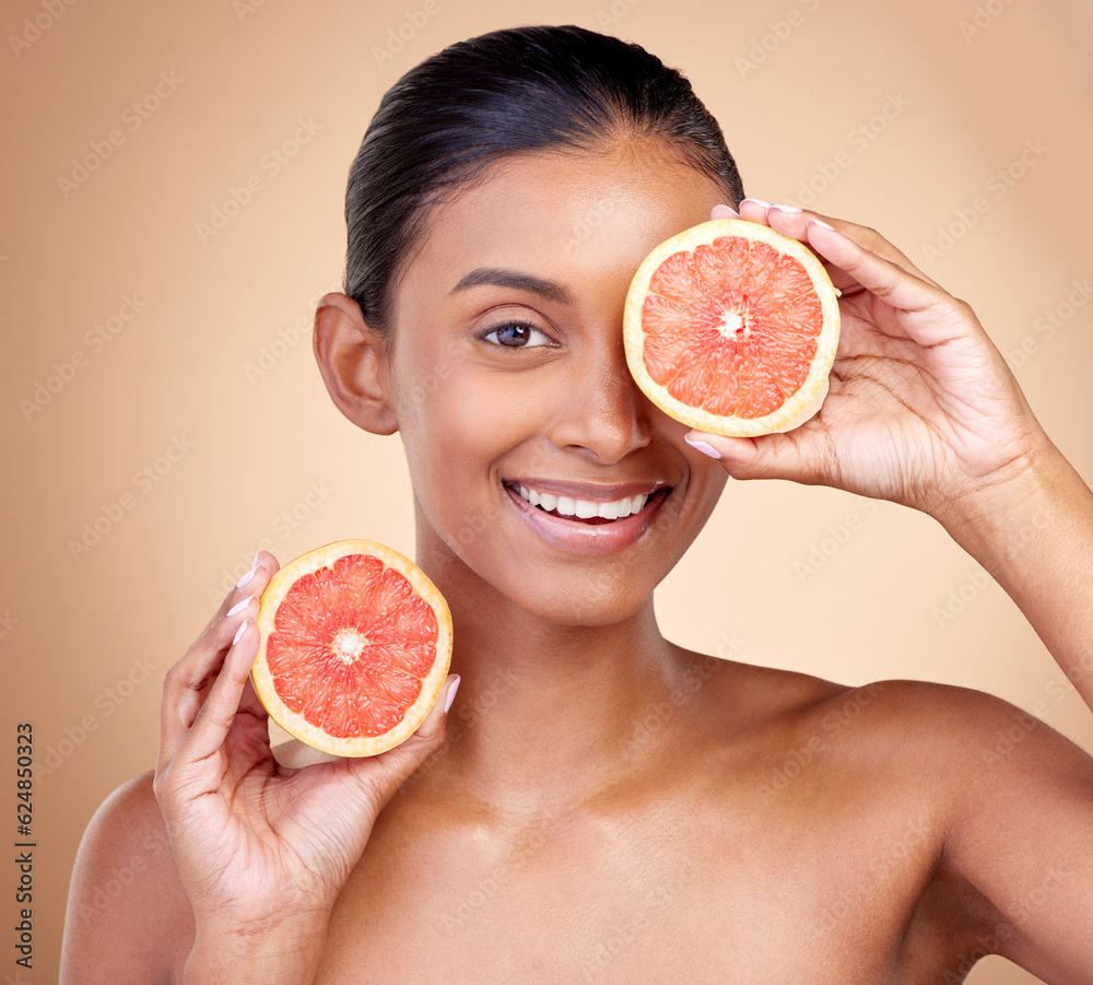 Beauty, woman and grapefruit on eye for skincare, cosmetics and natural product, health or vitamin c