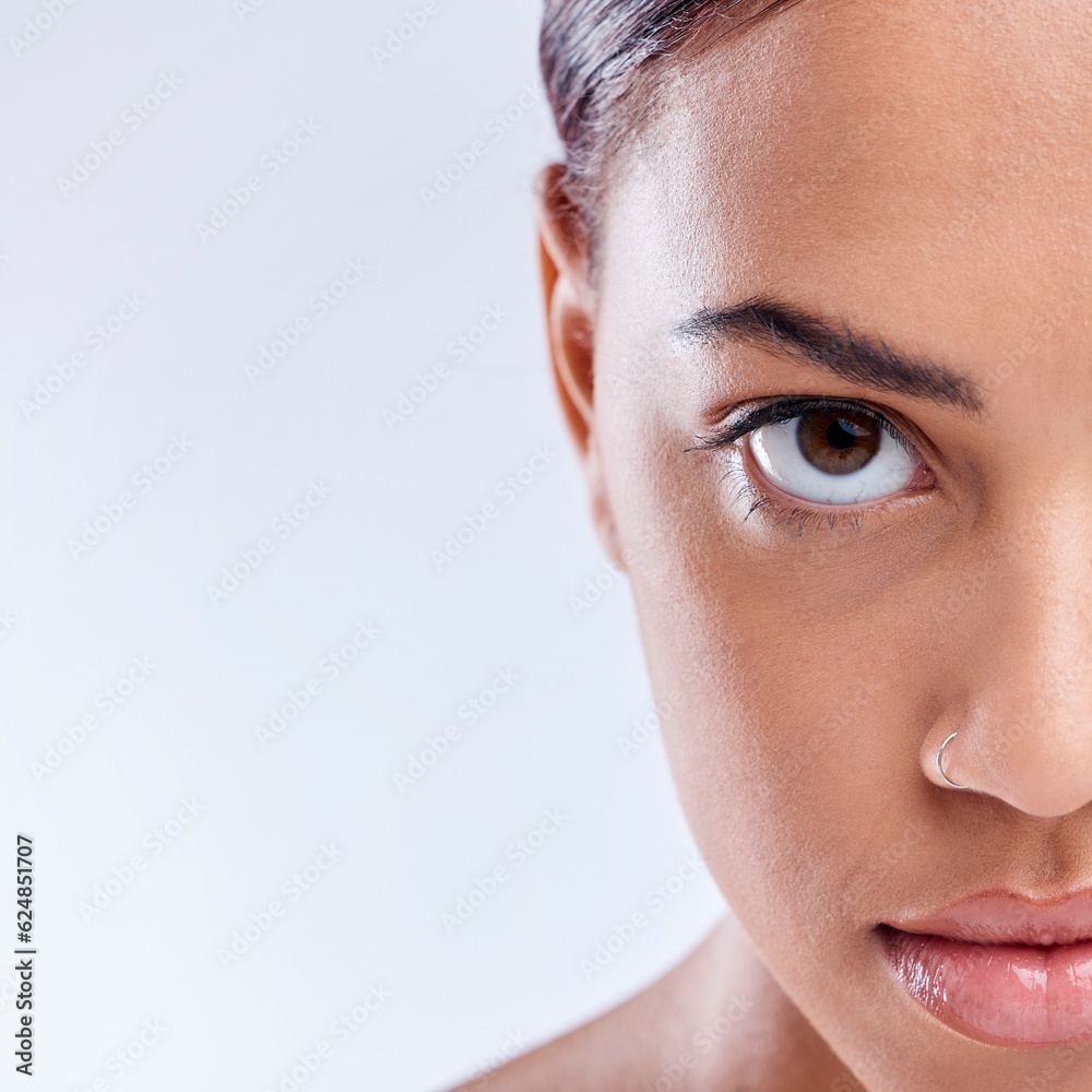 Portrait, mockup or woman with natural beauty or wellness in studio isolated on white background. De