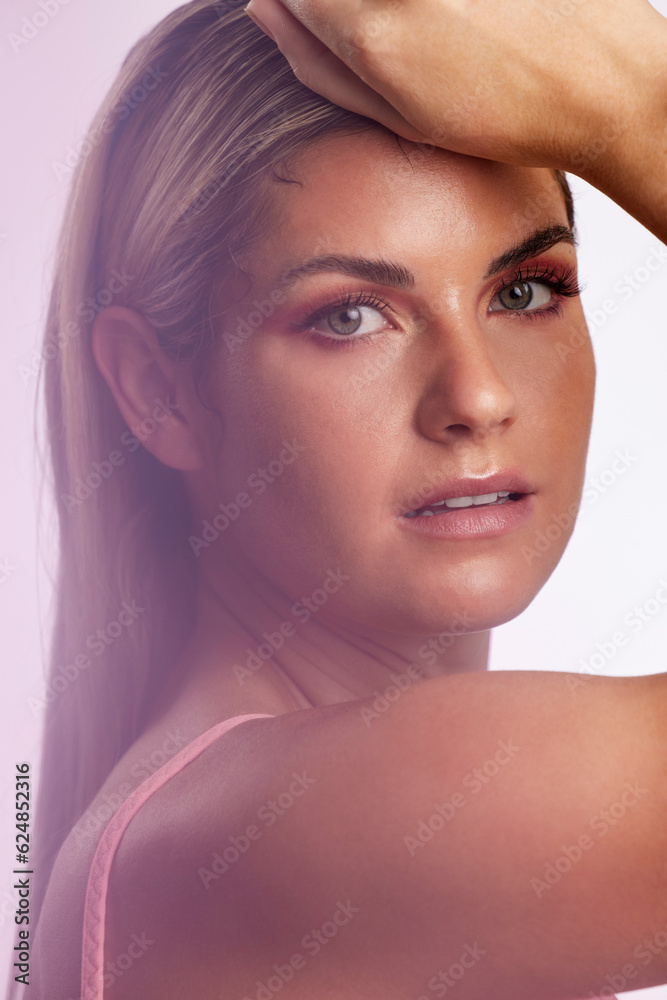 Makeup, portrait and young woman in a studio with a natural, glamour and beauty face routine. Cosmet