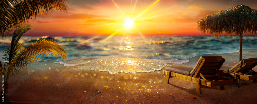 Tropical Beach At Sunset - Deckchairs With Parasol With Glittering Light Effects - Abstract Defocuse