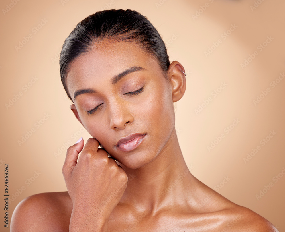 Relax, beauty or Indian woman with natural skincare or facial glow with dermatology cosmetics in stu