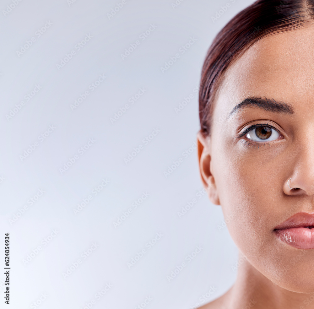 Portrait, mockup or girl with natural beauty or wellness in studio isolated on white background. Der