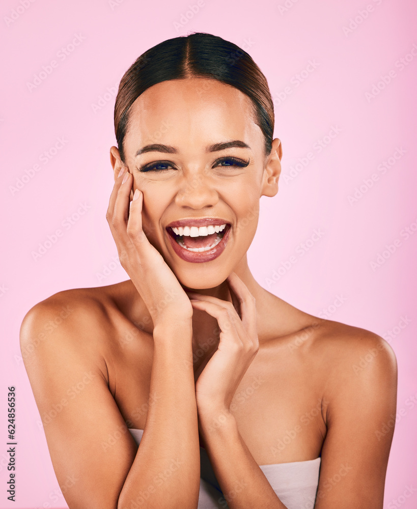 Skincare, beauty and portrait of excited woman with makeup, wellness and glow on pink background. Co