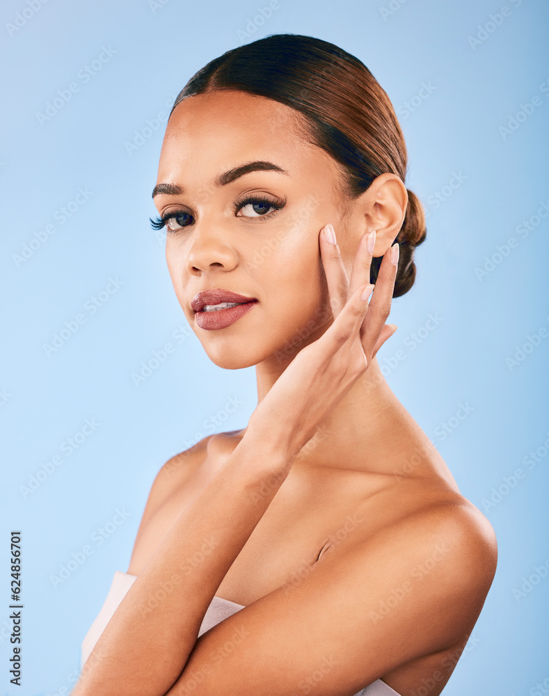 Skincare, beauty and portrait of woman with makeup, wellness and glow on blue background. Cosmetics,