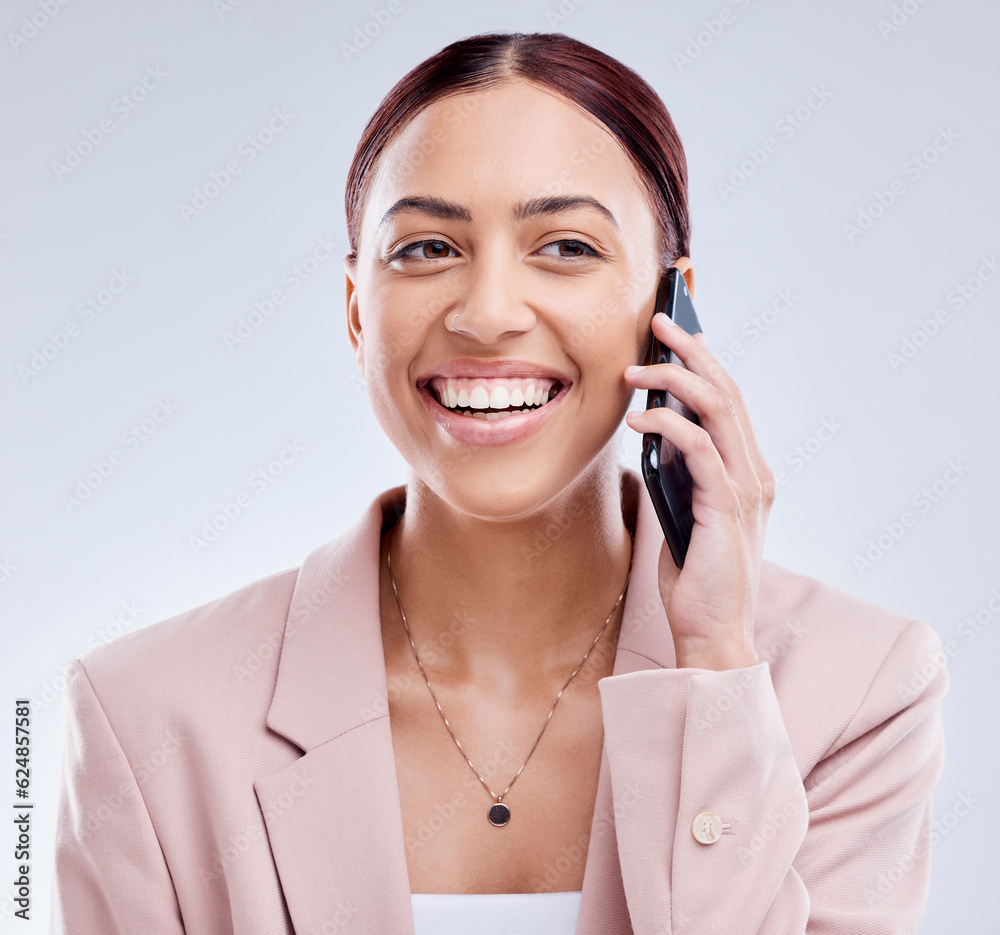 Smile, phone call and business woman in communication in studio isolated on a white background. Happ