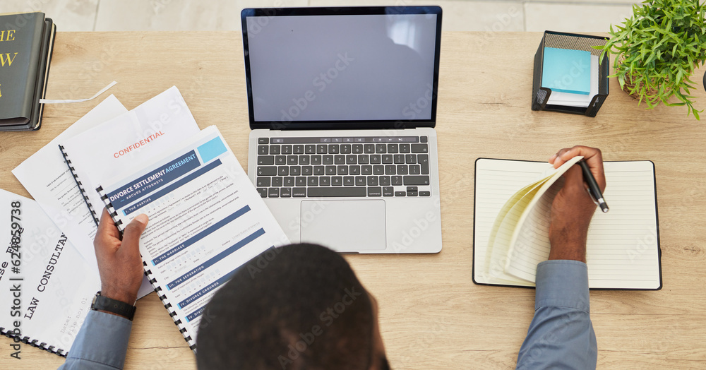 Legal documents, lawyer and top view of desk, laptop mockup with contract and deal agreement. Docume