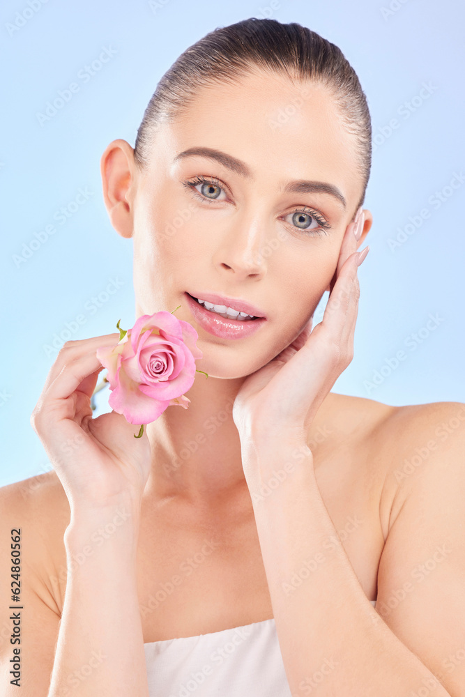 Woman, rose and natural beauty, face and skincare with sustainable cosmetics isolated on blue backgr