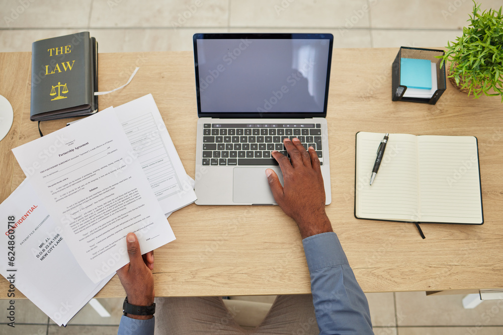 Legal paperwork, lawyer hands and top view of desk, laptop mockup with contract and deal agreement. 