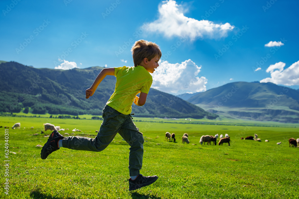 Boy running fast on mountains and meadow with farm animals background