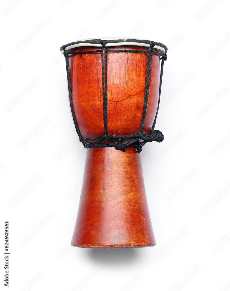 Little wooden djembe on white background