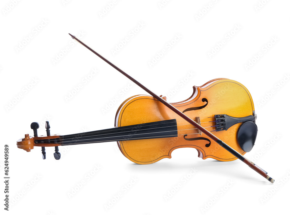 Beautiful violin with bow on white background