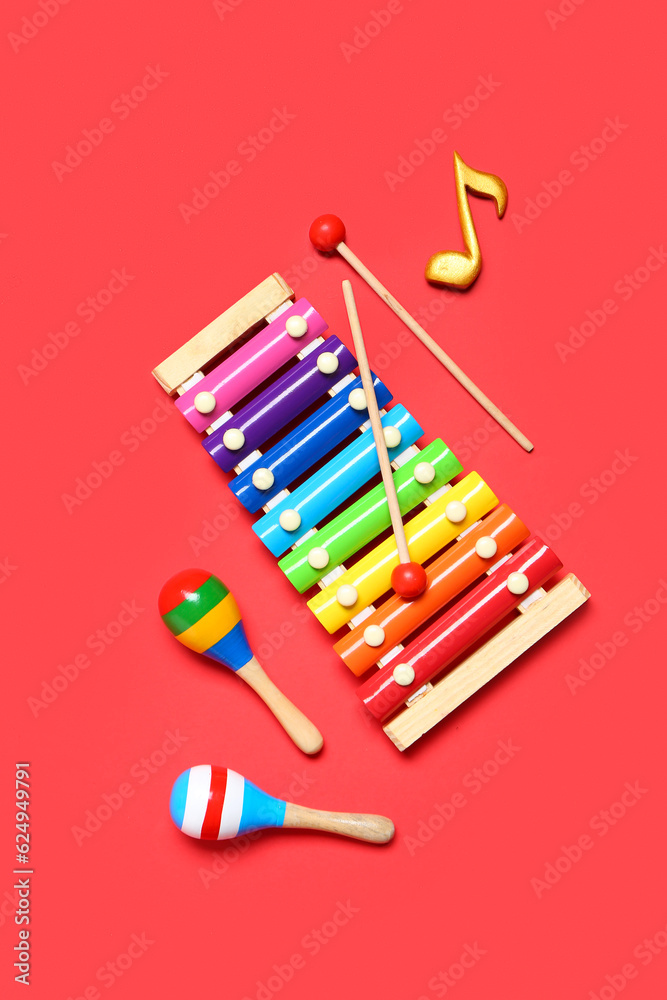 Different musical instruments on color background