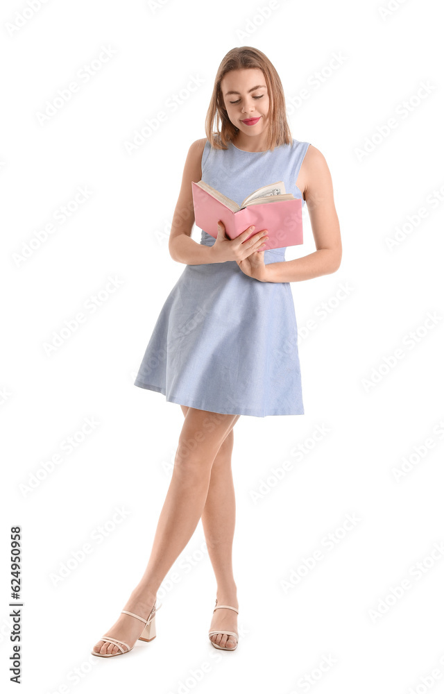 Young woman reading book on white background