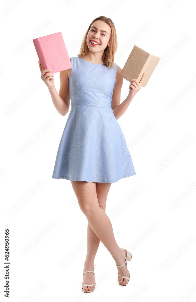 Young woman with books on white background