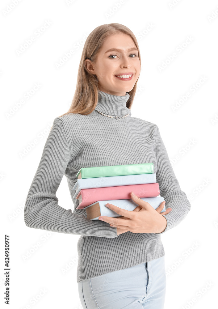 Young woman with books on white background