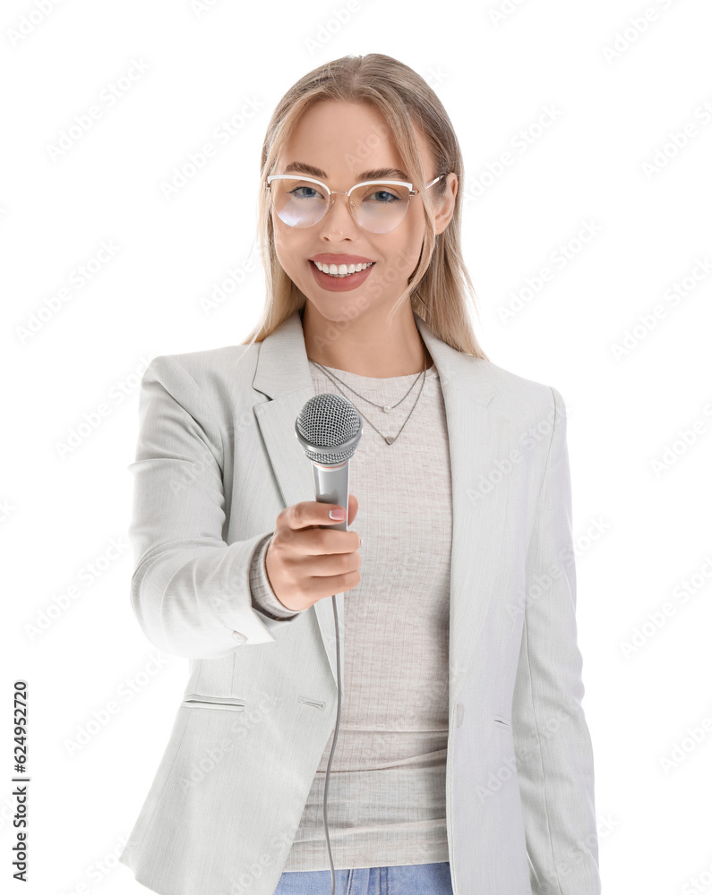 Female journalist with microphone on white background