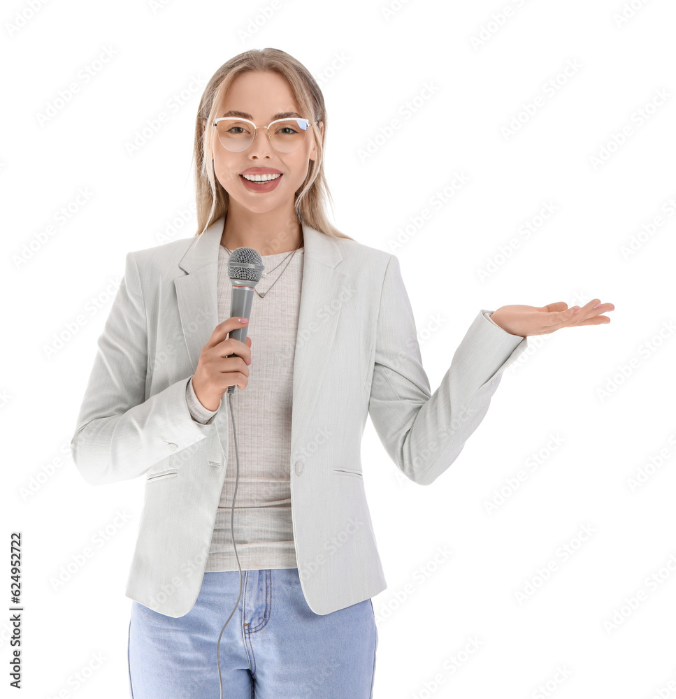 Female journalist with microphone showing something on white background