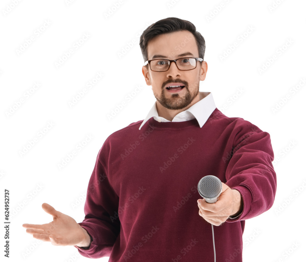 Male journalist with microphone on white background