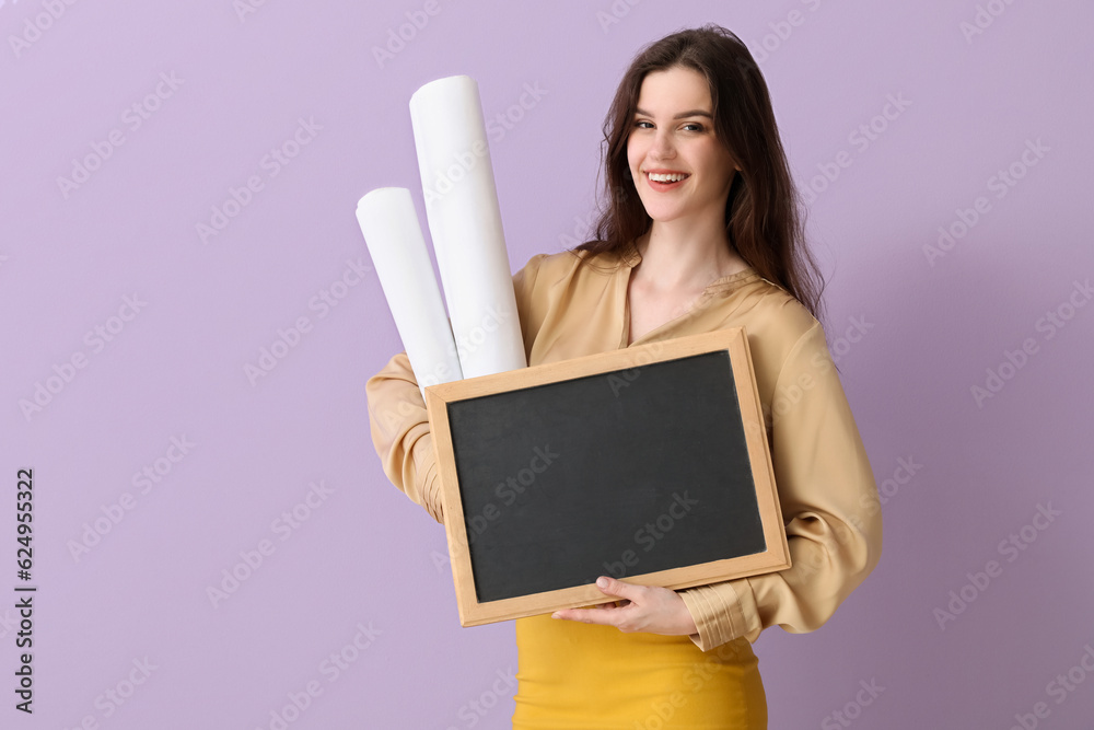 Female teacher with chalkboard and paper rolls on lilac background