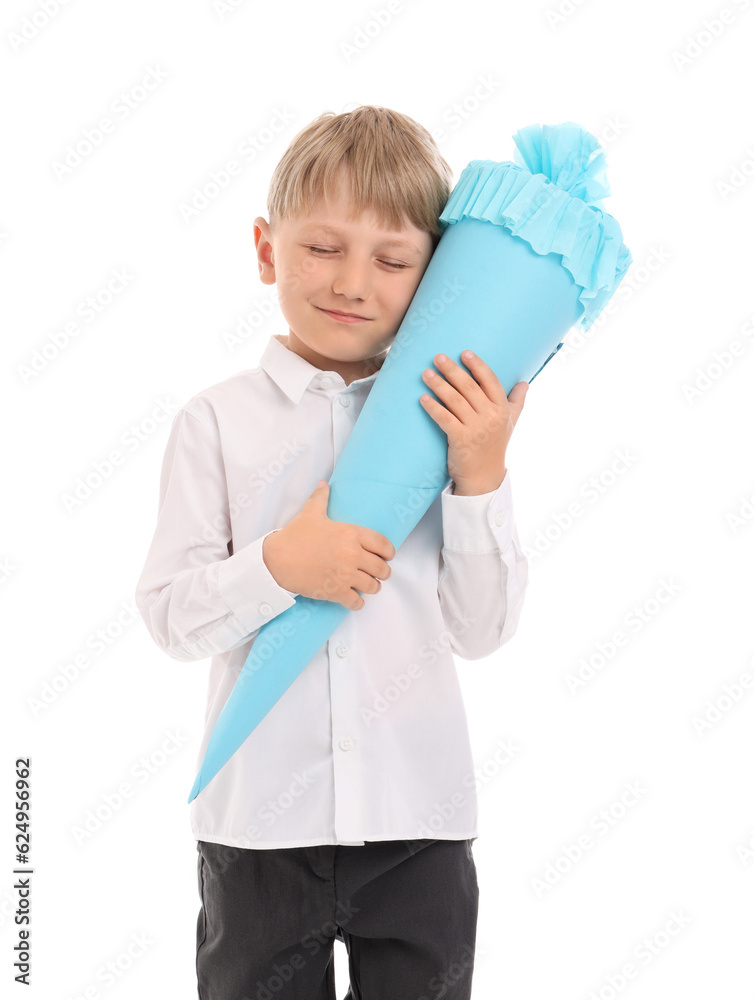 Little boy with blue school cone isolated on white background