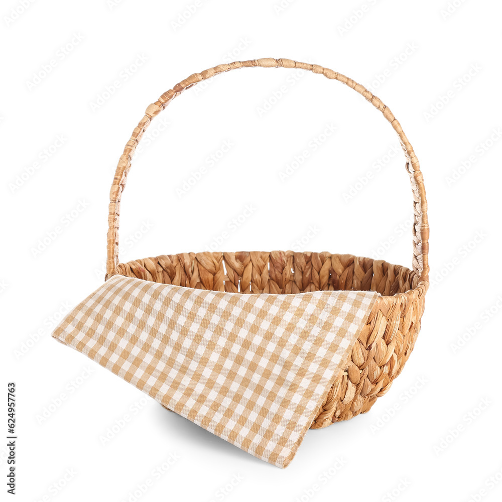 Picnic basket with napkin isolated on white background