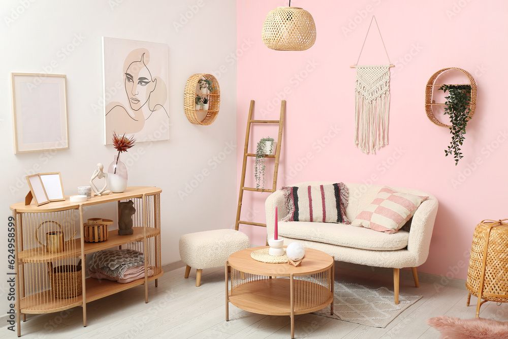 Living room interior with white sofa, coffee table and shelving unit