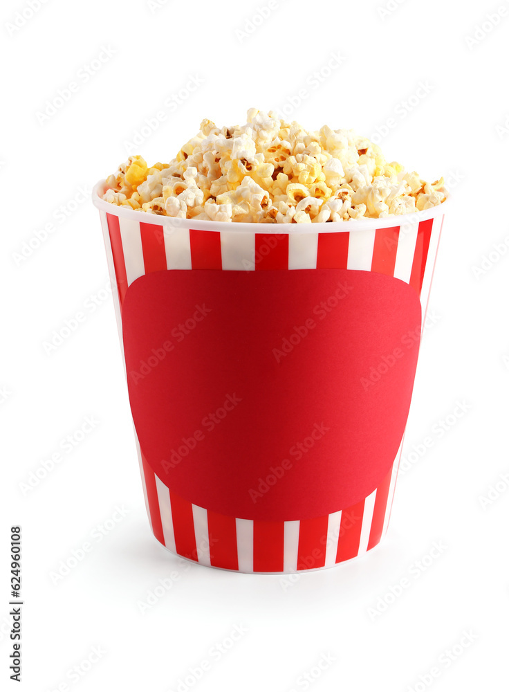 Bucket with tasty popcorn on white background