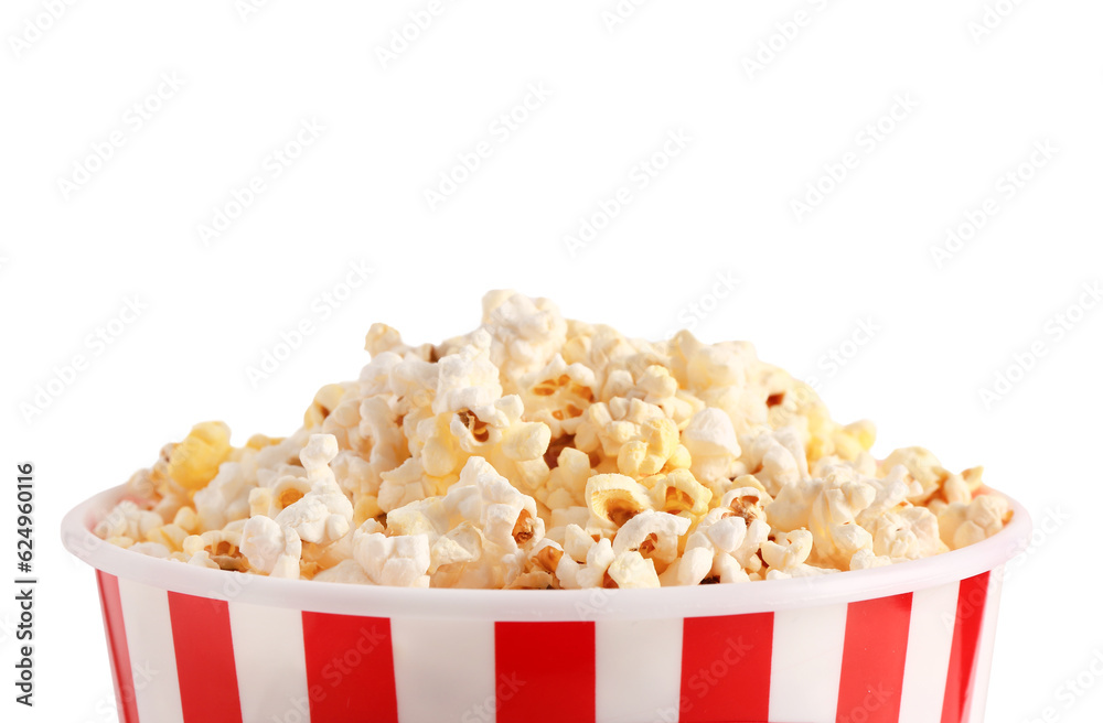 Bucket with tasty popcorn on white background