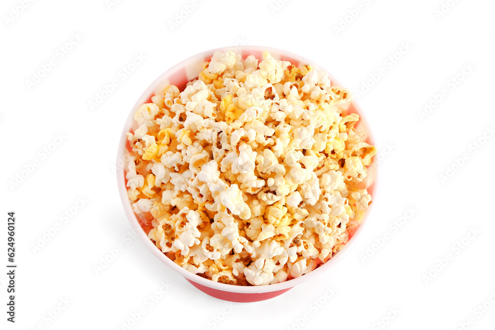 Bucket with tasty popcorn on white background