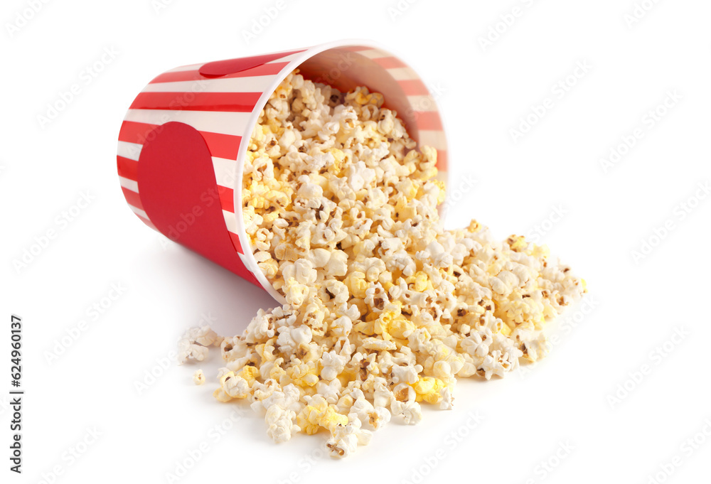 Bucket with tasty popcorn on white background