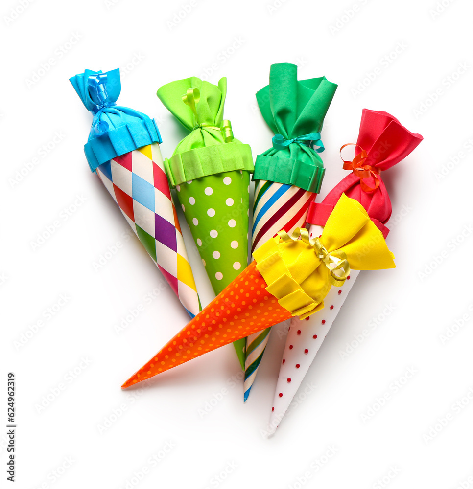 Colorful school cones on white background