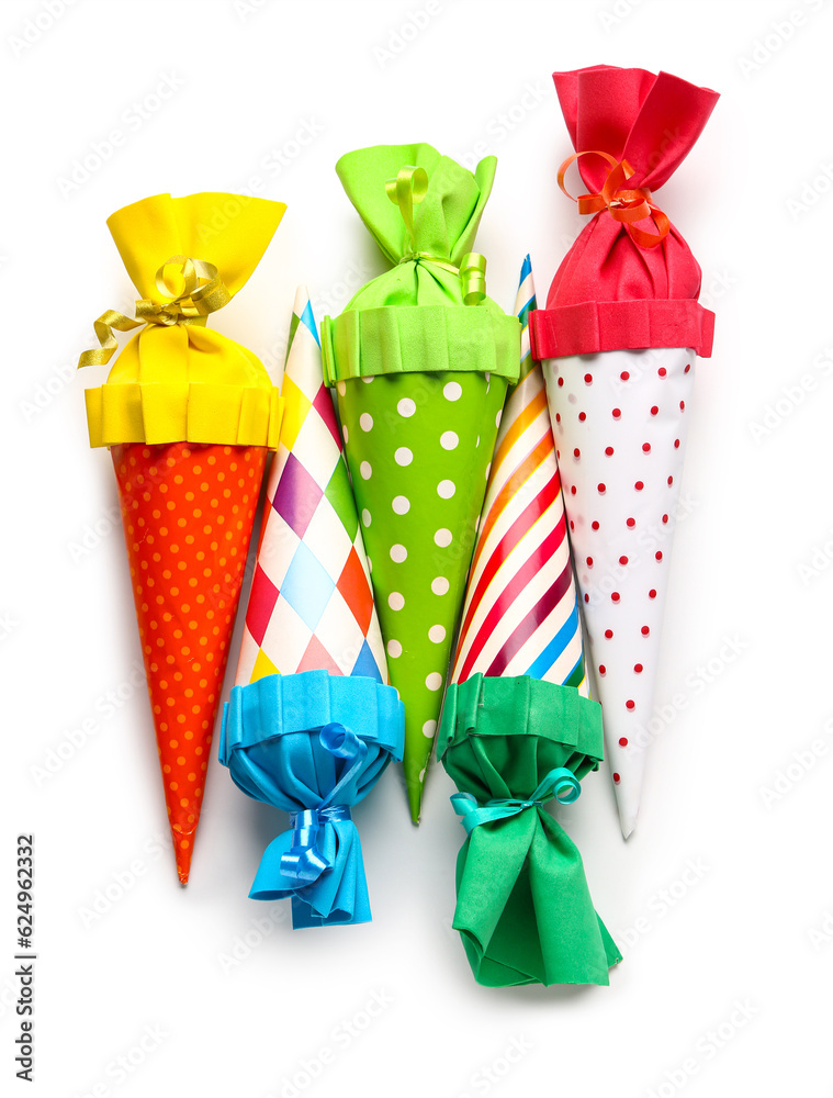 Colorful school cones on white background