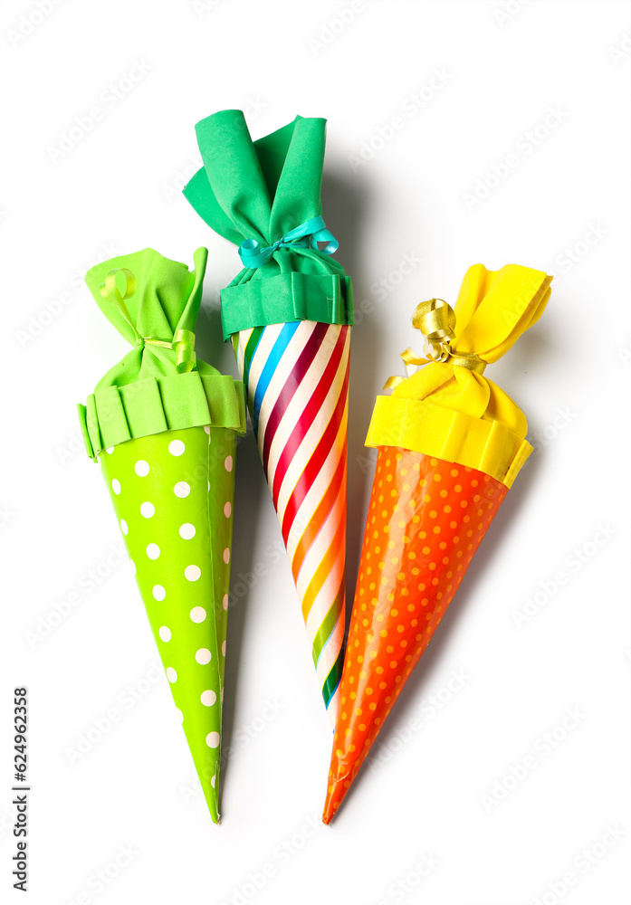 Colorful school cones on white background