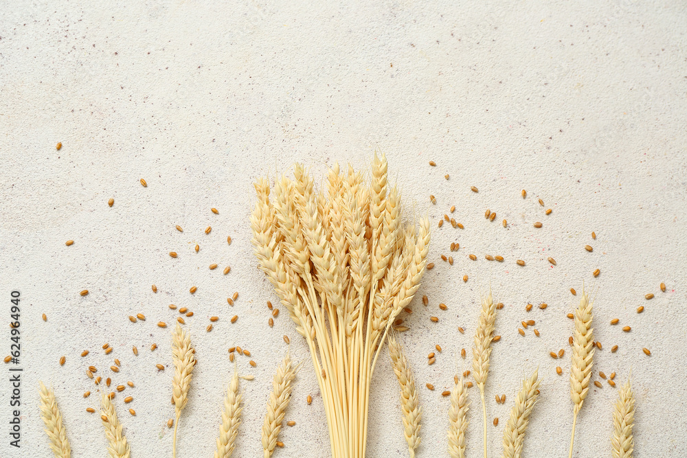 Bundle of wheat ears and grains on white table