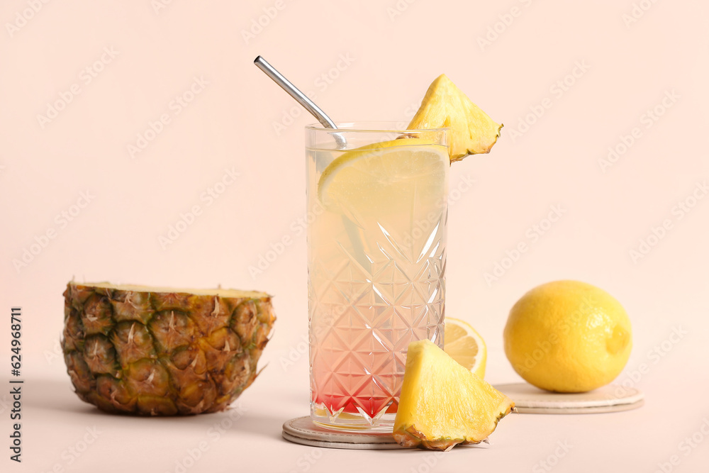 Glass of tasty mai tai cocktail on light background