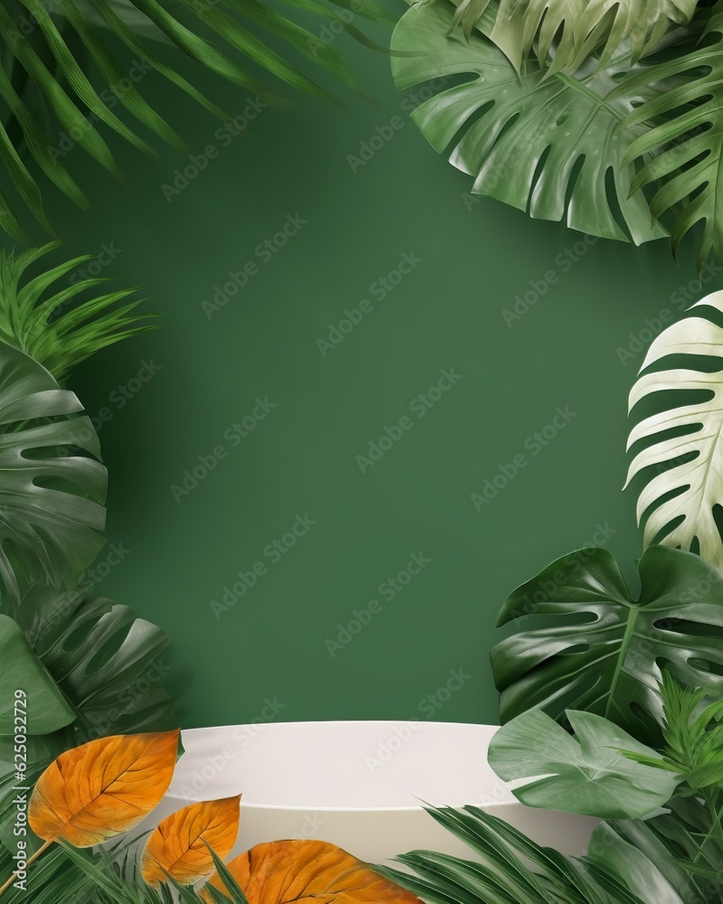 Circle wood podium in tropical forest for product presentation and cream color background