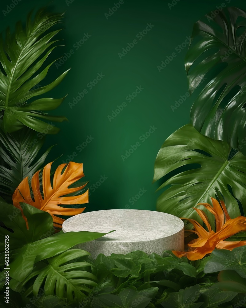 Circle wood podium in tropical forest for product presentation and cream color background