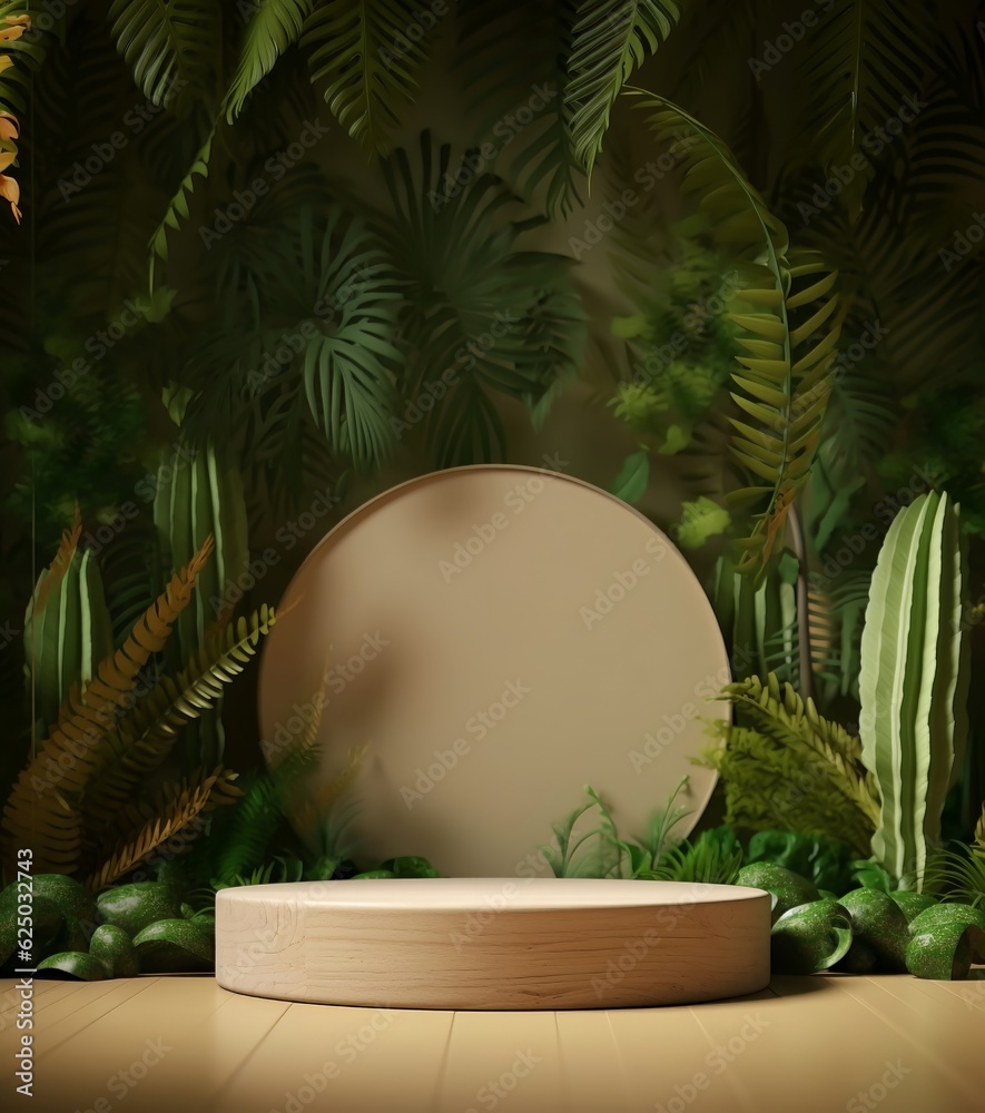 Circle wood podium in tropical forest for product presentation and cream color background