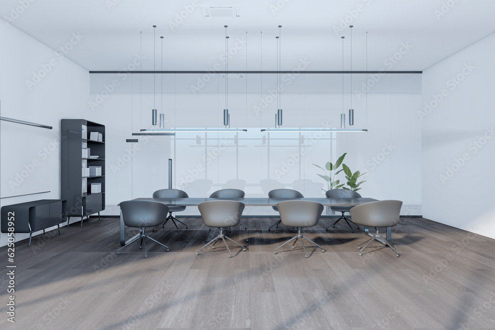 Contemporary meeting room interior with concrete walls, wooden flooring, furniture and equipment. 3D