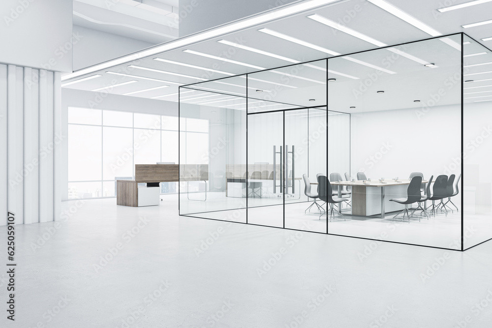 Perspective view of modern empty office hallway with futuristic design meeting room surrounded by gl