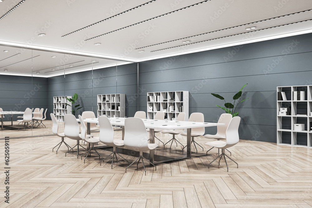 Perspective view of modern negotiant office room with big working desk and chairs, grey wall and woo