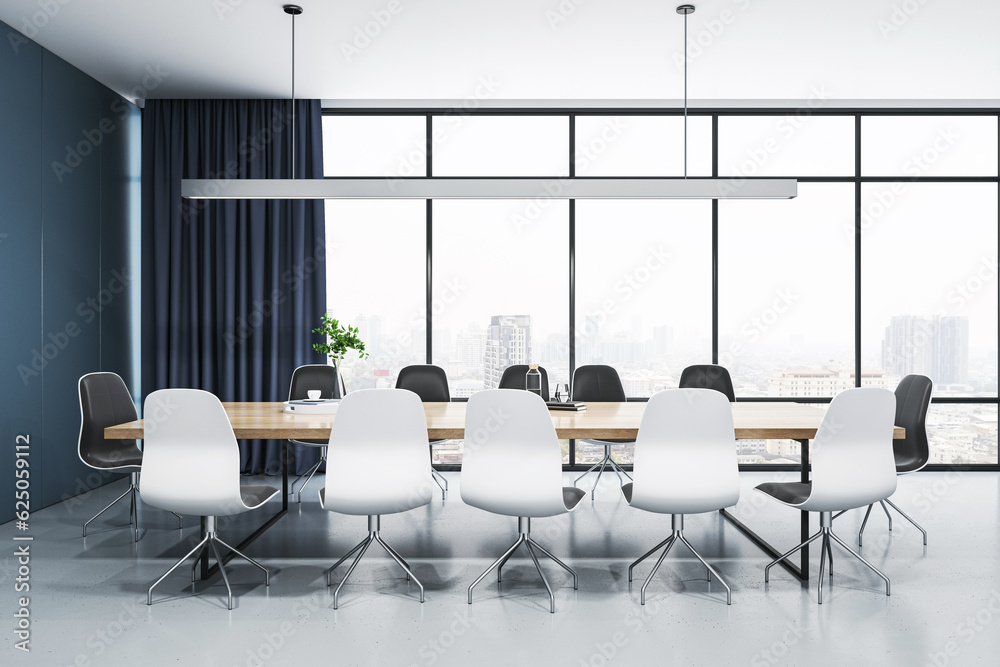 Front view of light modern meeting room with panoramic city view window on background, wooden office