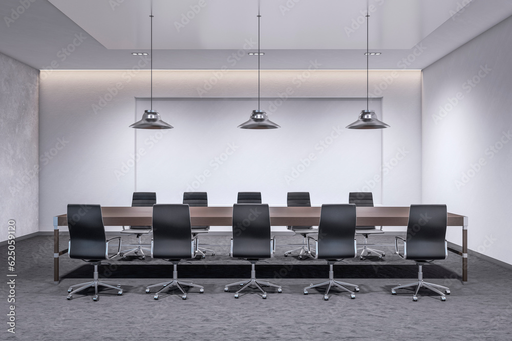 Front view of modern empty boardroom interior with office desk and chairs, concrete walls and grey c