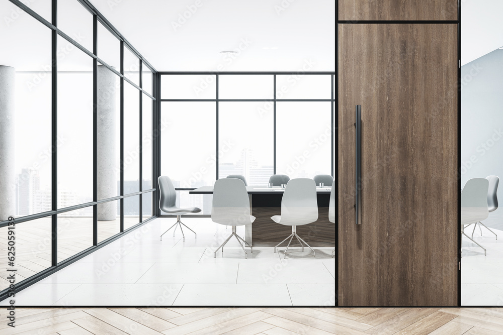 Front view of modern office boardroom with glass wall, panoramic window, wooden floor and entrance d